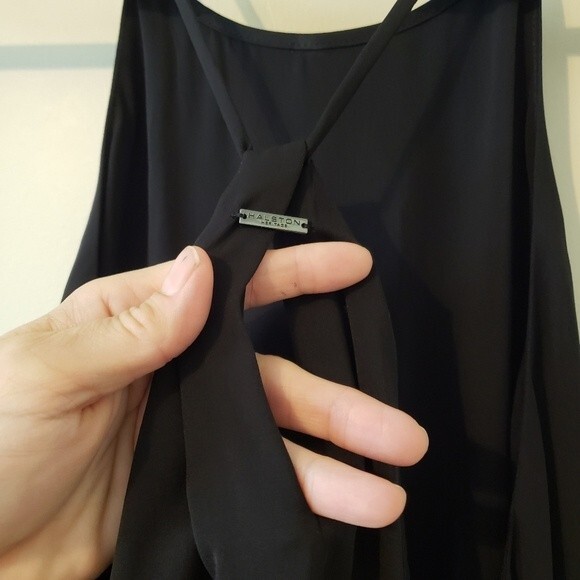 HALSTON HERITAGE High Neck Flowy Cami Silk Dress Black Back Logo - Picture 10 of 13